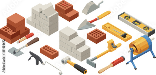 Masonry construction tools and building materials illustration with bricks concrete blocks trowels level mixer, professional construction set isolated