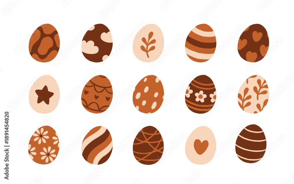 Fototapeta premium Decorated chocolate eggs collection. Easter egg hunt. Hand drawn flat cartoon vector illustration