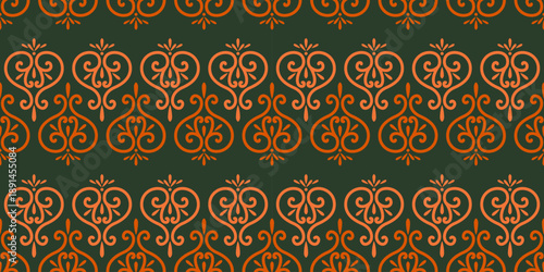 Winter frosty seamless pattern of vignettes. Classic stile border of swirls. White intricate swirly elements on dark blue background. Warm cozy ethnic ornament