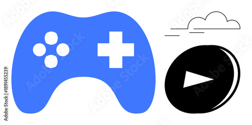 Gaming, technology, multimedia, cloud gaming, entertainment, streaming. Blue gaming controller and play button with stylized cloud. Gaming and technology concepts for interactive and online services