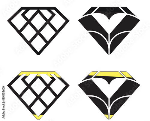 Golden and black diamond logos on white circular backgrounds. Minimalist vector diamond logo inspiration icon set jewellery line vector illustration.