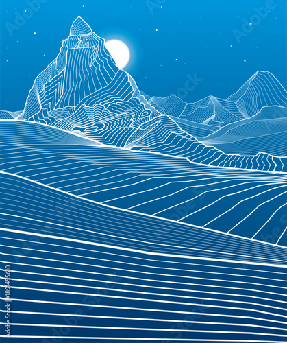 Mountains outline illustration. Night landscape. Snow hills. Moon and stars. Vector design art