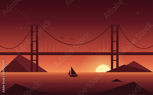 Golden Gate Bridge Sunset Illustration – Minimalist Vector Art of San Francisco Landmark with Retro Sun, Suspension Bridge Silhouette, Scenic Bay View, Modern Flat Design Landscape