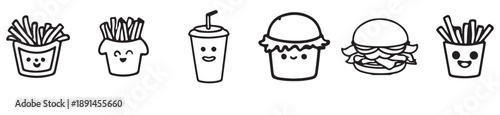 Collection of Fast Food Icons in Black and White. Fast food icon silhouette burger juice french fries. Vector Illustration.