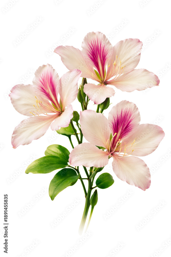 Obraz premium elegant photograph of three soft pink bauhinia flowers with delicate magenta stripes and fresh green leaves, showcased against a dramatic black backdrop.