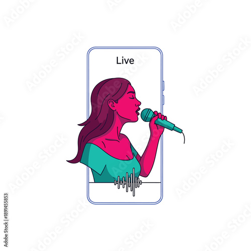 Live Music Stream Performance. Woman Singer Broadcasting on Smartphone Screen with Microphone and Audio Wave Vector Icon.