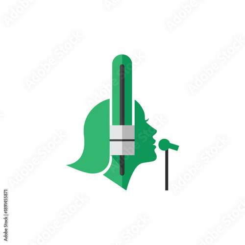 Female Voice Control Logo: Singer Silhouette with Sound Mixer Fader Icon for Music Production, Podcast, or Broadcast