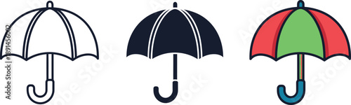 Set of three umbrella icons depicting outline, solid, and colorful designs for weather protection isolated on white background, Vector