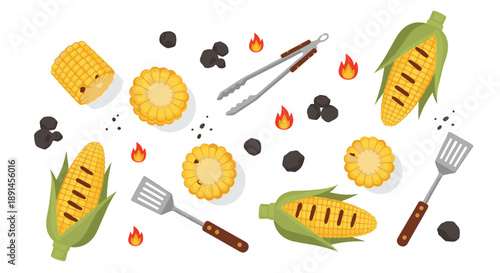 Flat Lay of Grilled Corn on the Cob with BBQ Tools and Charcoal for a Summer Picnic and Outdoor Cooking.