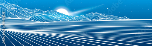 Mountains outline illustration. Night landscape. Snow hills.  Moon and stars. Vector design art