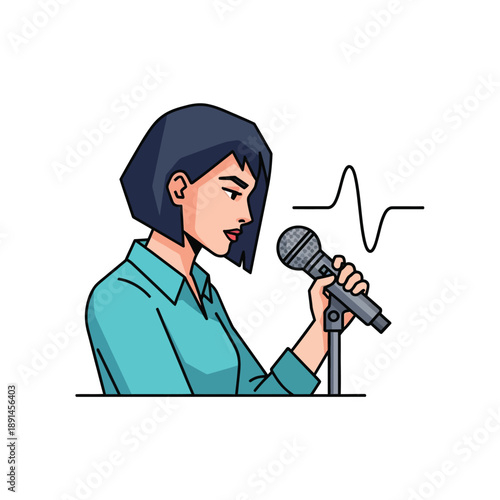 Professional Female Speaker or Podcaster Holding Microphone with Sound Wave Icon. Broadcast, Presentation, or Voice Recording Line Art Illustration.