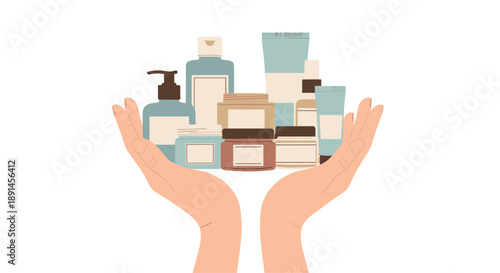 Pair of Hands Holding a Diverse Collection of Skincare and Beauty Product Bottles for Cosmetic Self Care.