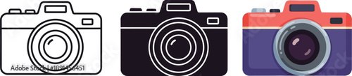Evolution of camera icons: outline, solid, and colorful designs for photography and media isolated on white background, Vector