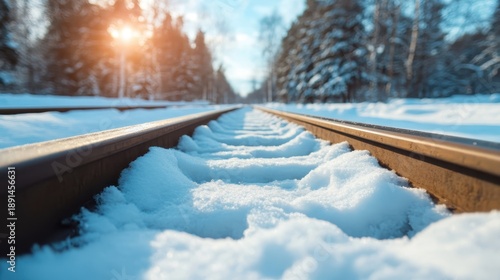 Snow-blanketed railway tracks glimmering under the winter sun, evoking a sense of tranquility and solitude amidst the beauty of nature's winter landscape.