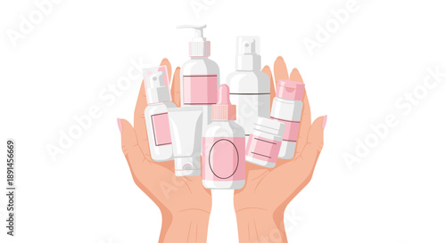 Two Hands Holding a Variety of Pink and White Skincare Cosmetic Containers for Beauty and Wellness Concept.