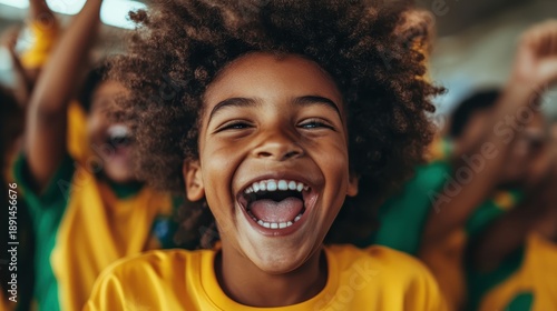 Wallpaper Mural A vibrant image showcasing a joyful young boy celebrating with a bright smile, wearing a Brazil soccer jersey amidst a lively crowd of supporters cheering enthusiastically. Torontodigital.ca
