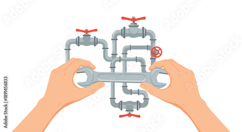 Hands Holding a Large Wrench in Front of a Complex Network of Pipes and Valves for Plumbing Service Concept.