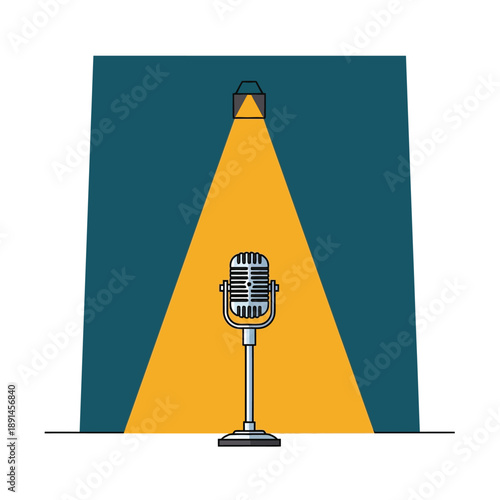 Vintage Microphone Illuminated by Spotlight on Stage. Retro Broadcasting, Podcast, Stand-Up Comedy, and Live Performance Icon Illustration.