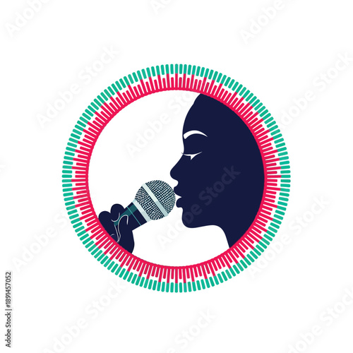 Soulful Female Vocalist Silhouette Logo with Microphone and Abstract Sound Wave Graphic