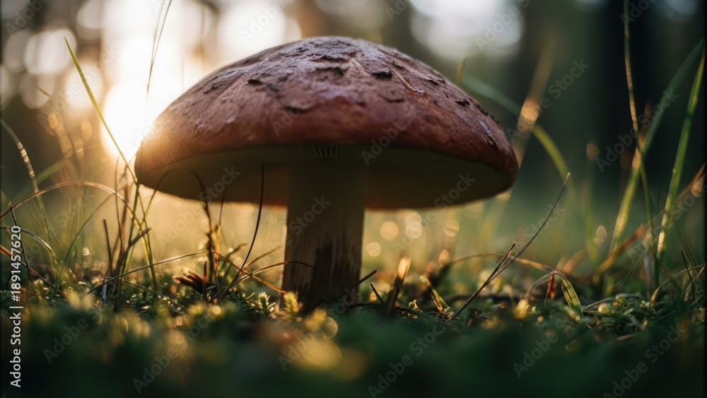 Fototapeta premium Mushroom closeup in grassy forest, low angle, warm sunlight filtering through foliage