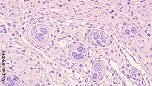 Microscopic view of cellular structures with circular formations, stained pink