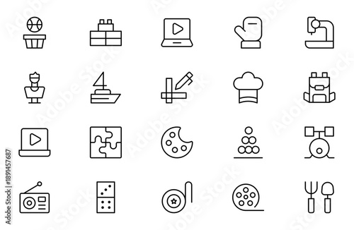 Hobby and Entertainment Line Icon Set – Modern Minimal Editable Pixel-Perfect Linear Icons for Creative Projects, Digital Media and UI Design, Vector Illustration
