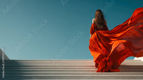 Back view of a woman in red gown ascends stone staircase.