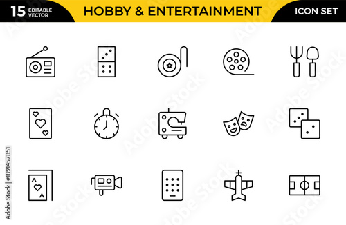 Hobby and Entertainment Line Icon Set – Modern Minimal Editable Pixel-Perfect Linear Icons for Creative Projects, Digital Media and UI Design, Vector Illustration