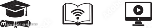 Various Online Learning Related Icons On White Background