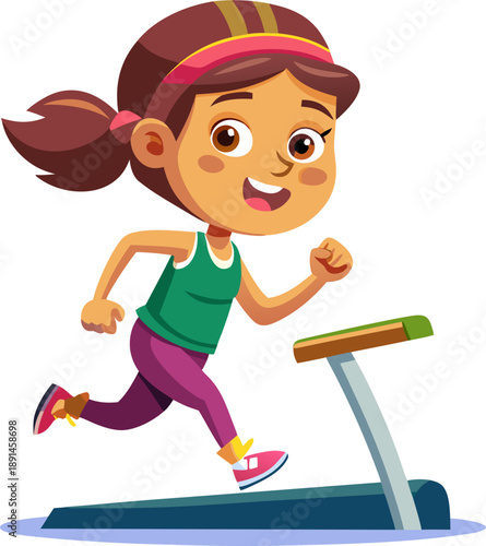 Active teenage girl cartoon character running using treadmill stationary sports machine at home stock illustration, white background 