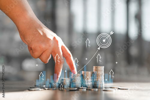 Coins on the table. Setting financial goals and financial planning. Bank interest rates. Saving money and investing.