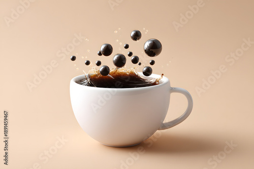 Abstract splash of dark coffee with floating black boba pearls in a white ceramic cup on a beige background, minimalist creative beverage concept.
