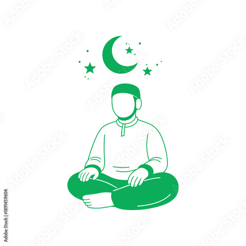 A person meditating under a crescent moon and stars in a serene night sky