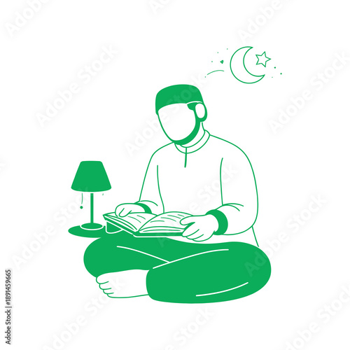A serene illustration of a person reading under a lamp with a moon and star shining above