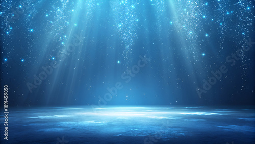 Ethereal blue light rays and glittering particles create a magical stage effect