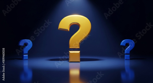 Three question marks: one golden central and two blue lateral, on a glossy surface illuminated by spotlight, representing doubt and inquiry