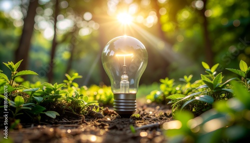 A glowing glass light bulb sits in the green grass as a bright symbol of energy, innovation, and creative inspiration isolated against a natural background