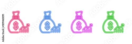 Neon glowing money bag with growth chart vector icons set, financial growth, investment, profit, rising income, vibrant colorful digital design.