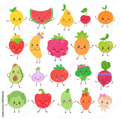 Vector illustration of cute fruits and vegetables with smiling faces. Flat isolated food object collection.