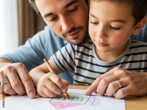 Man and young boy are drawing with colored pencils on piece of.