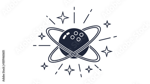 Creative illustration of a bowling ball with planetary rings and twinkling stars depicting a cosmic sports theme on white background.
