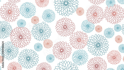 Modern seamless pattern featuring delicate line art chrysanthemum flowers in a sophisticated palette of teal and reddish-brown on white.