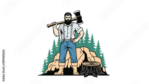 Strong lumberjack character holding a large axe over his shoulder standing in front of a forest of pine trees and mountain peaks.