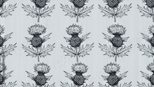 Refined seamless pattern showcasing detailed thistle flowers in blue and gray tones set against a subtle vertical pinstripe background.
