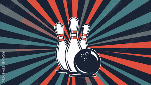 Retro style bowling illustration featuring three pins and a ball set against a vibrant colorful sunburst ray background in vintage colors.