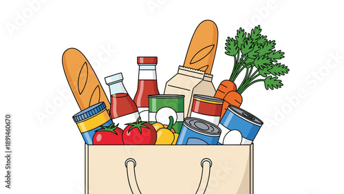 Brown paper grocery bag overflowing with fresh food items including baguettes, tomatoes, carrots, and various canned and jarred goods.