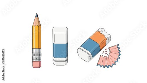 Set of school and office supplies featuring a sharpened yellow pencil, two blue and white erasers, and a pile of wooden pencil shavings.