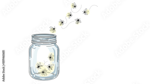 Whimsical illustration of a clear glass jar with glowing fireflies flying inside and swirling around into the air on a white background.