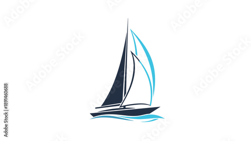 Minimalist silhouette of a sailboat with blue and dark navy sails gliding over stylised blue waves on a clean white background.