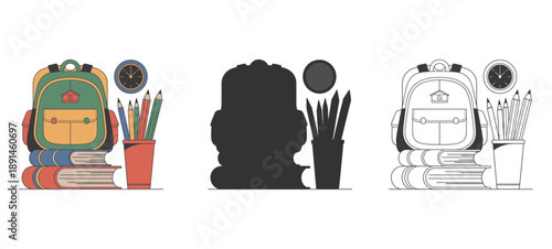 School backpack vector illustration, Set of colorful children bags, Modern flat design, Outline and silhouette style, Student education supplies collection.